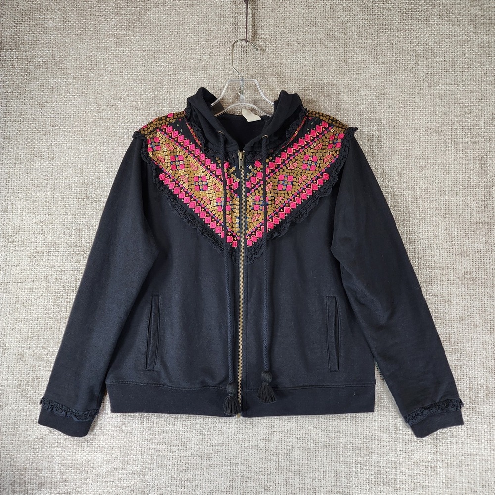 Anthropologie Akemi Kin Boho Hoodie Full Zip‎ Womens S Black Embroidered Beaded
